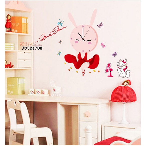 JD3D1708 WALLSTICKER / STIKER JAM DINDING 3D - KELINCI & KUCING CUTE