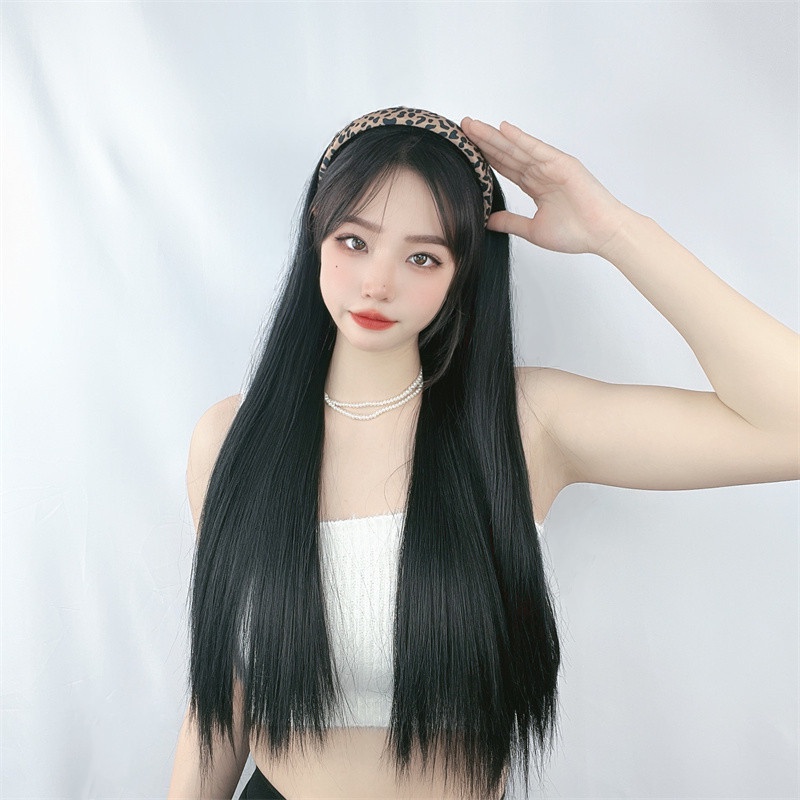 Wig Bando Cantik Wanita Motif Leopard Long Straight Natural Hair Korean Version