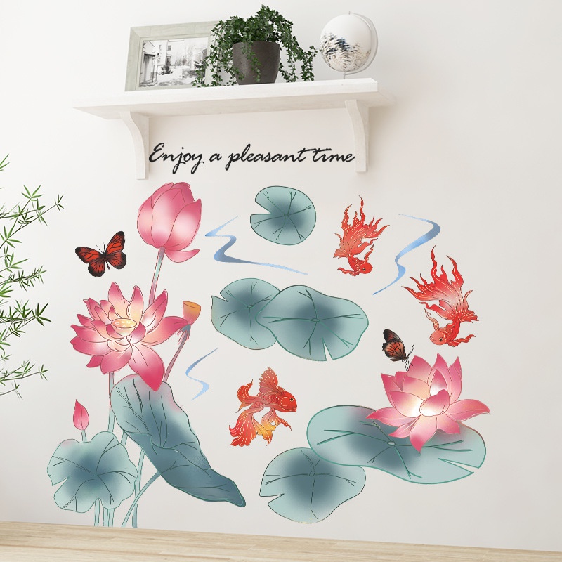 2pcs / set Stiker Dinding Desain Lotus Pond Dan Lotus Koi Butterfly Floral Gaya China Untuk Dekorasi Kamar Tidur