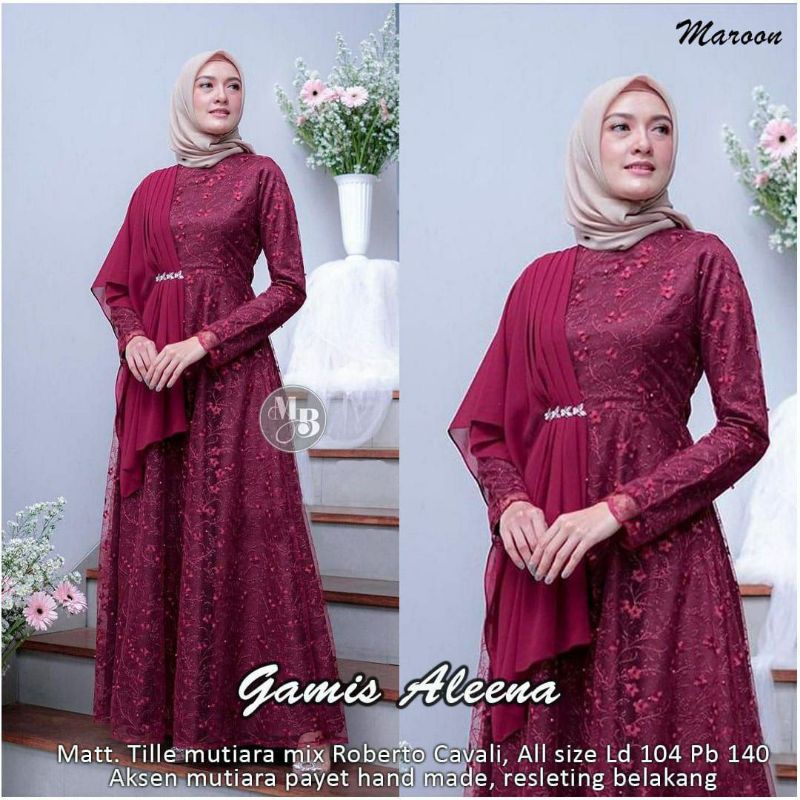 GAMIS PESTA MEWAH ALEENA FULL BURKAT  BIG SIZE / GAUN MUSLIMAH PESTA SIZE M L XL XXL JUMBO LD 120