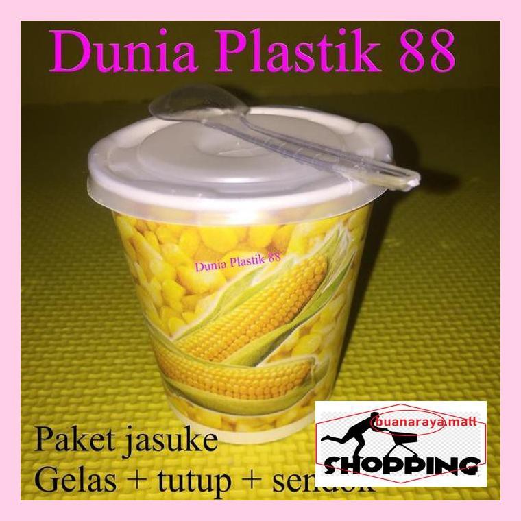 Mkmiin @50Set Paket Jasuke Gelas Kertas Paper Cup 6,5Oz+ Tutup +Sendok Jagung Miins74S