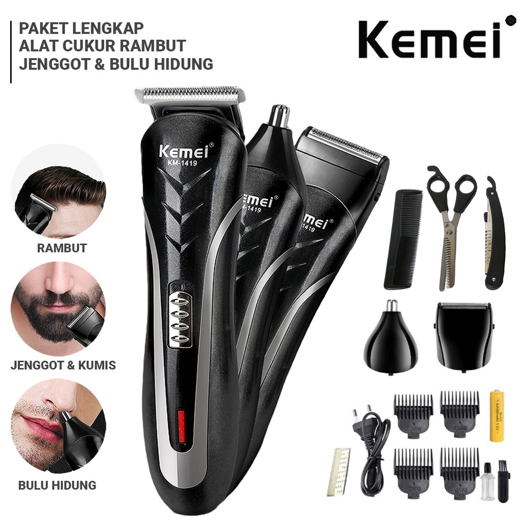 BEAUTY JAYA - COD - KEMEI KM 1419 / km 1407 3 in 1 Hair Clipper Rechargeable - Alat Cukur Rambut Elektrik Kumis JengBulu Hidung