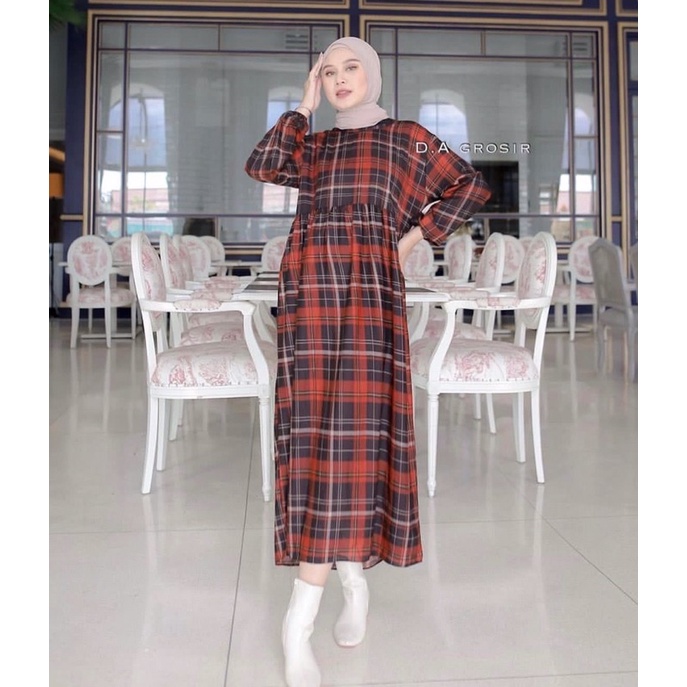 DRESS MOTIF KOTAK MIDI DRESS MAXI KATUN RAYON MOTIF LUCU