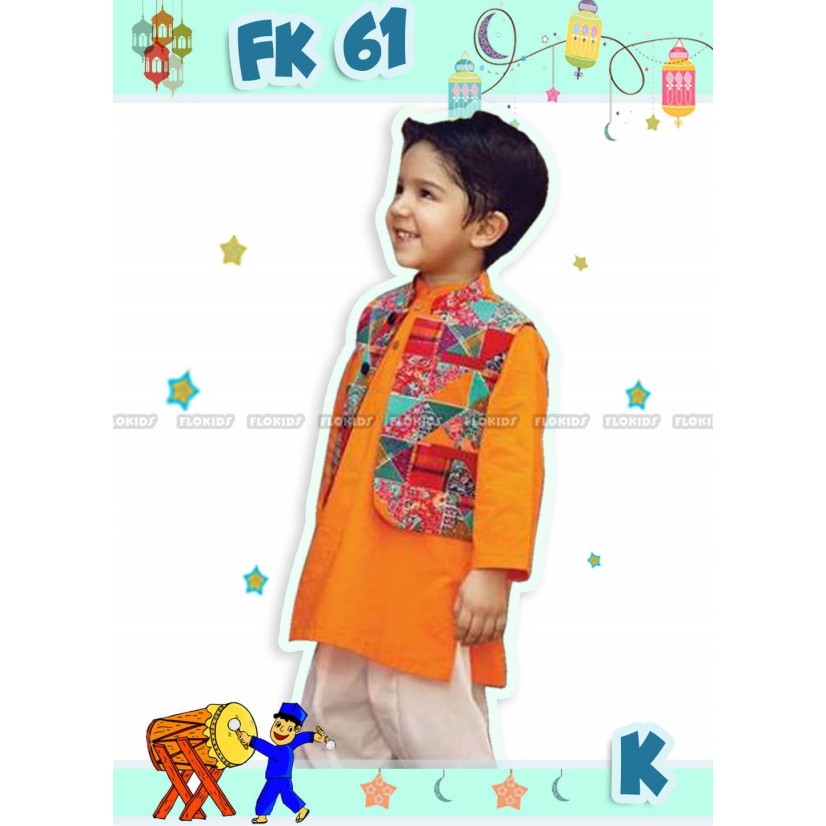 Setelan Baju Koko Kurta India Anak Rompi Celana Panjang Orange Merah Kuning FK61 K lebaran