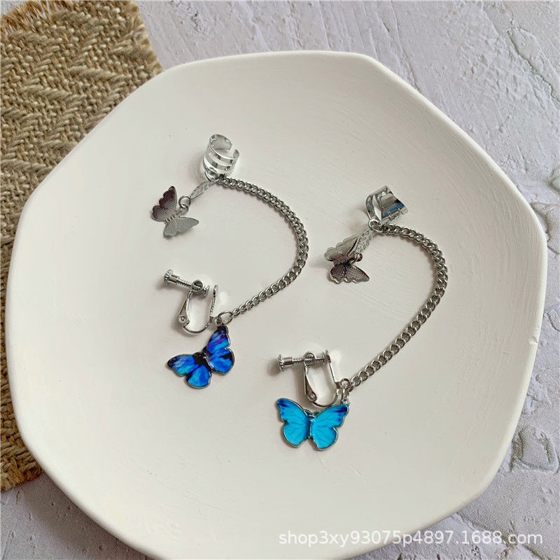 Korea Butterfly Pendant Ear Clip Metal Hollow Leaf Silver Earrings Fashion Women Jewelry Accessories Gift