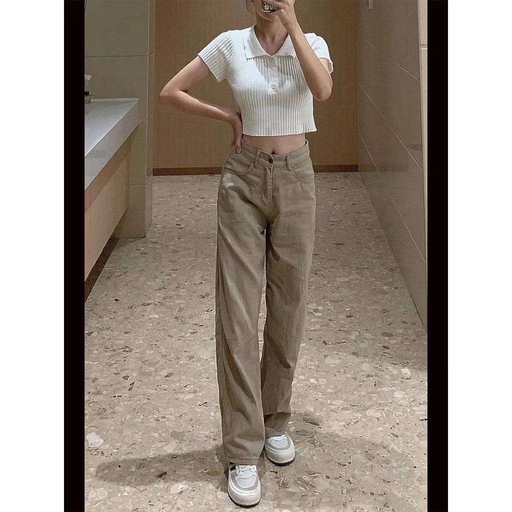 Korean style straight leg  loose new light khaki  jeans