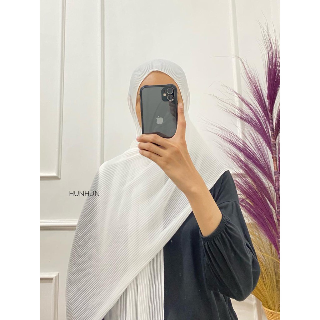 (Full Plisket Ceruty) Pashmina Pasmina Plisket Lidi Premium/ Fatin Jilbab Pasmina-FULL CERUTY (B)PUTIH