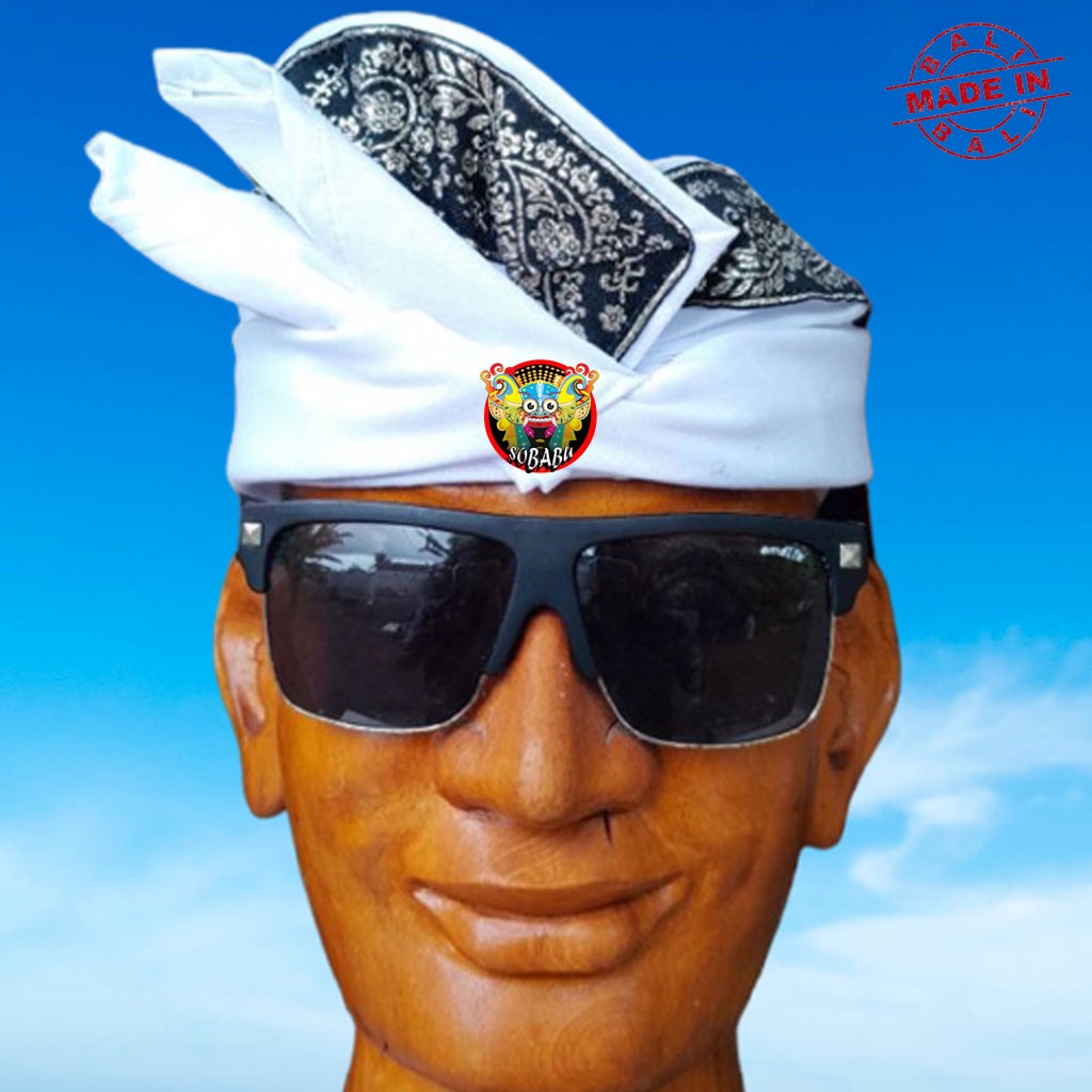 Udeng Bali Putih Polos Tepi Bunga Perak Setengah Jadi - Ikat Kepala Khas Bali Asli - Blangkon Bali K