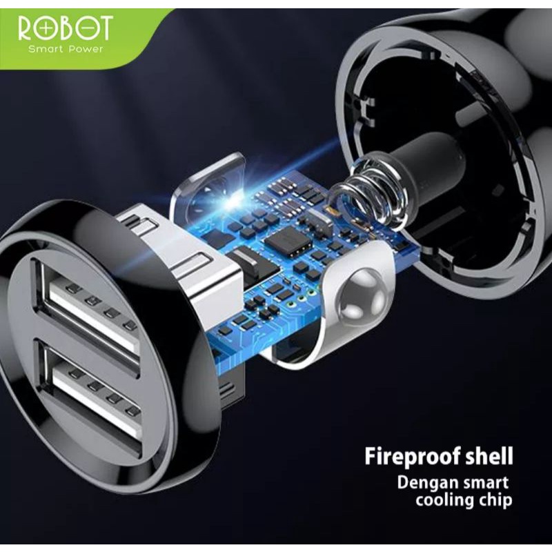 CAR CHARGER DUAL OUTPUT USB 2.4A WITH KABEL MICRO USB ROBOT RT-C07