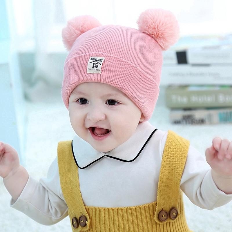 Topi Kupluk dan Rajut Bayi Anak Laki-laki Perempuan Wol Hangat Lembut dengan Hiasan Bola Pom-pom