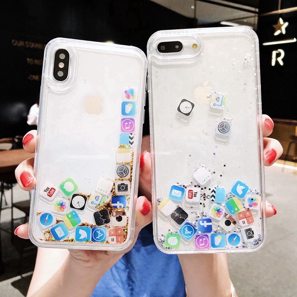 Soft Case Tpu Bening Transparan Aksen Bubuk Glitter Icon Foil Untuk Iphone 11 Pro Xs Max Xr X 11 8 7 6 6s Plus