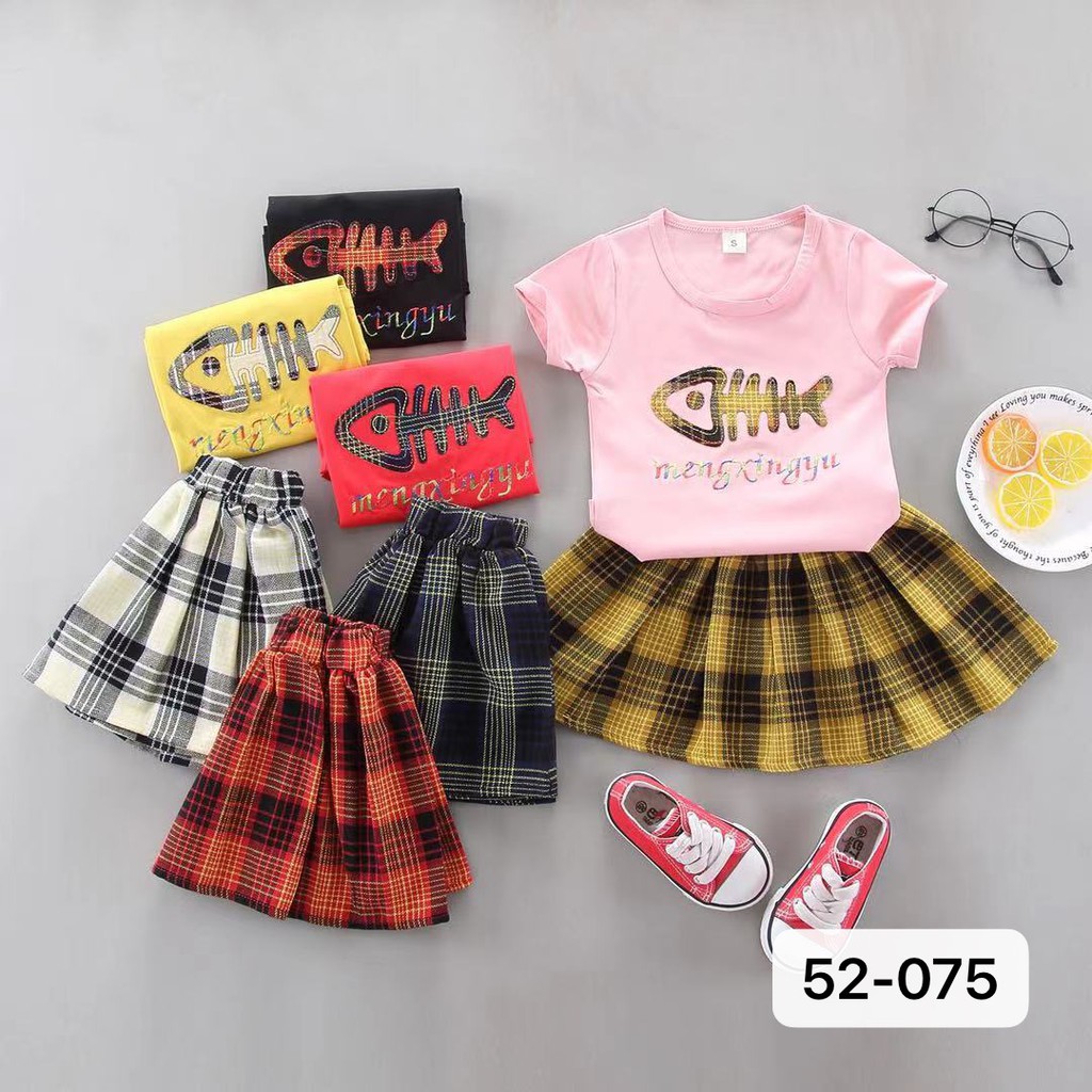 Baju anak perempuan celana rok + kaos katun premium set anak cewek import FISH MB STLNG09