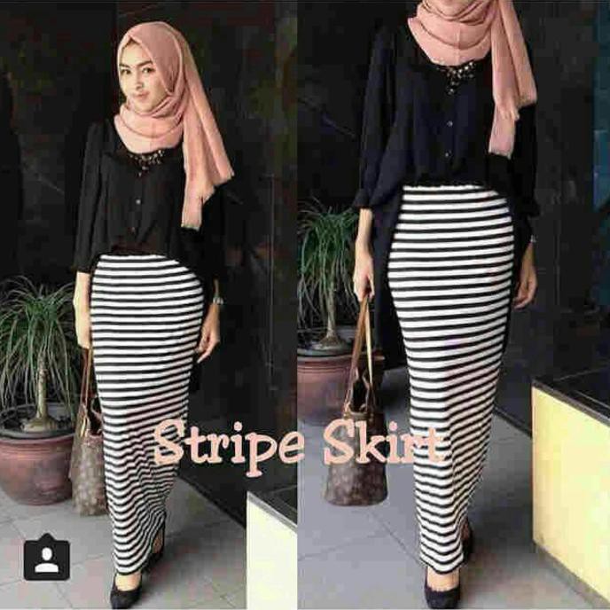 Stripe Skirt Rok Span Panjang Hitam Putih Spandek