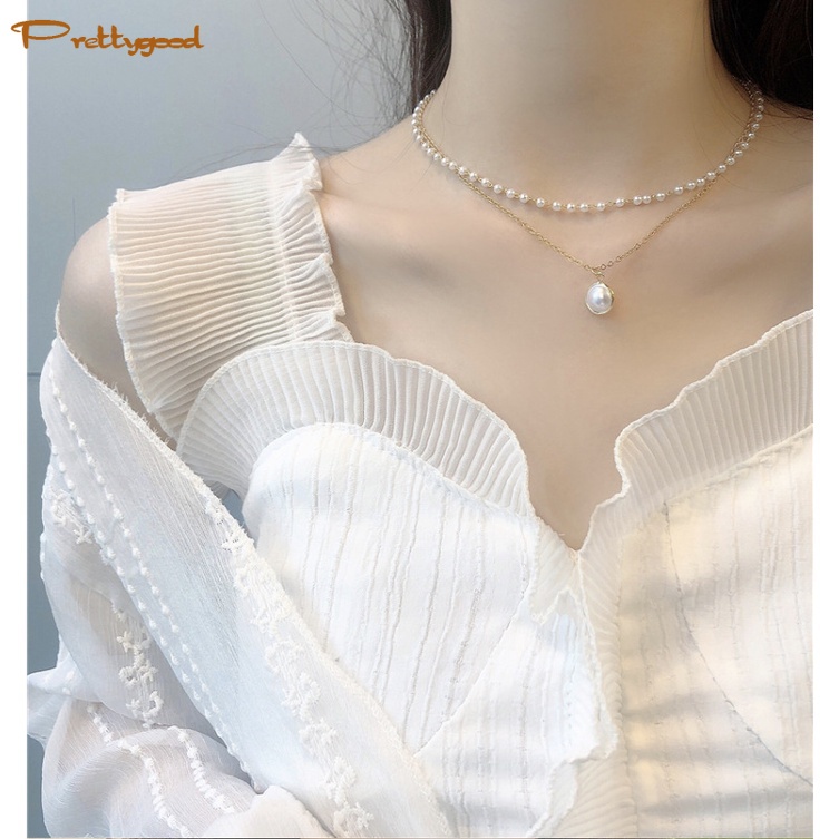 Fashion Retro Mutiara Logam Gaya Korea Kunci Kalung Multilayer Liontin Wanita Rantai Emas Kalung -PD