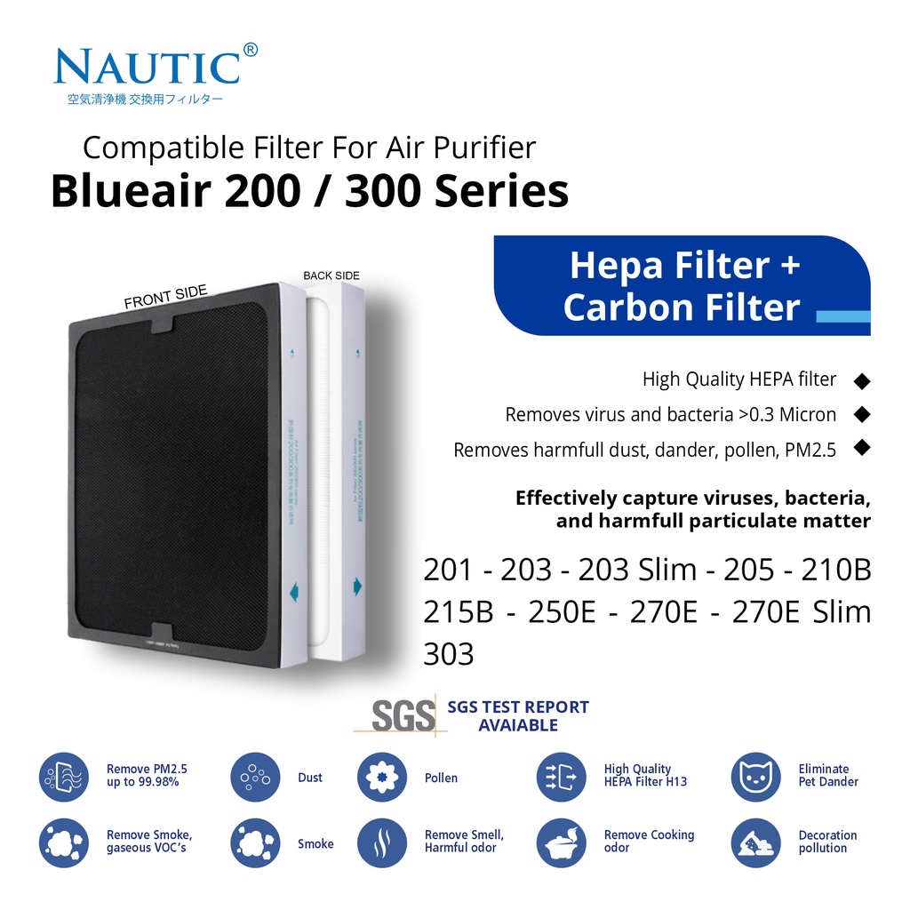 Nautic - Filter Air Purifier Blu*air 201 203 205 210 215 250 270 303 Replacment Filter Blu*air 200 Series Filter udara blue air 200 / HEPA+Carbon