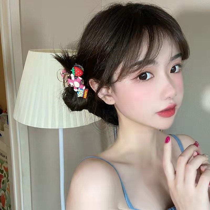 Jepit Rambut Beruang strawberry pink Kartun Lucu Gadis Korea grab clip