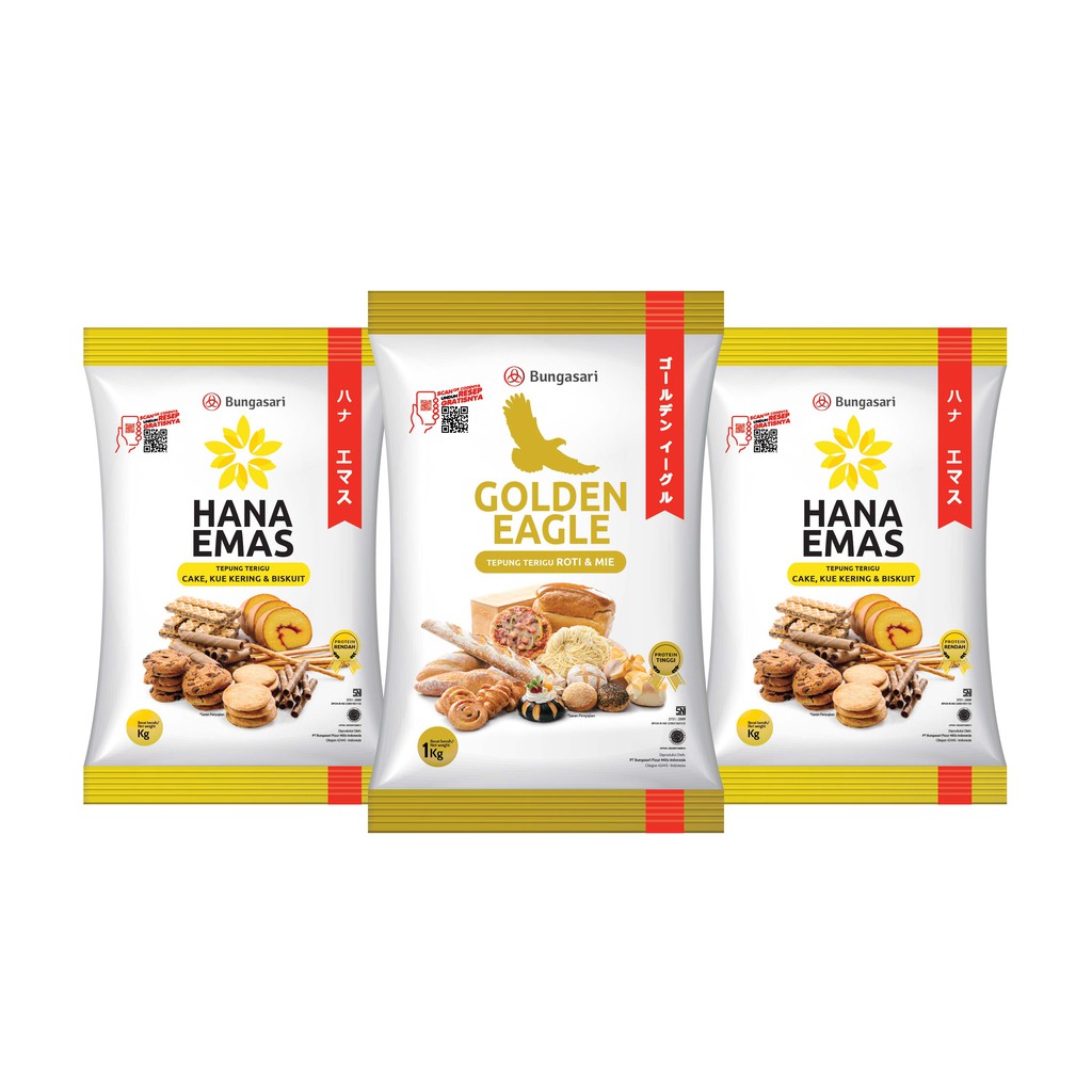 

Paket GEMAS Bungasari 2pcs Hana Emas Tepung 1kg + 1pcs Golden Eagle Tepung 1kg
