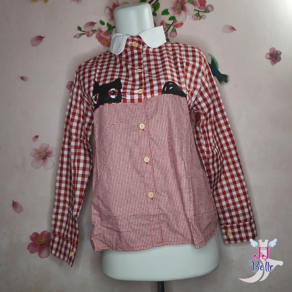 Velove Collection Cat & Fish Plaid Red and White Kemeja (KRV001)