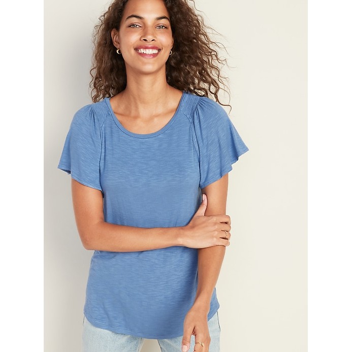 Top Blouse Old Navy Slub-Knit Smocked-Shoulder-Blue