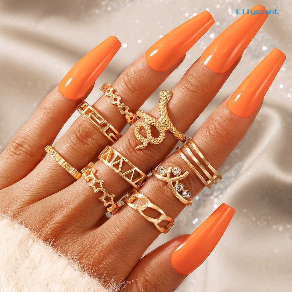 9 Pcs / Set Cincin Wanita Bentuk Ular Hollow Gaya Gothic Tahan Lama Untuk Outdoor