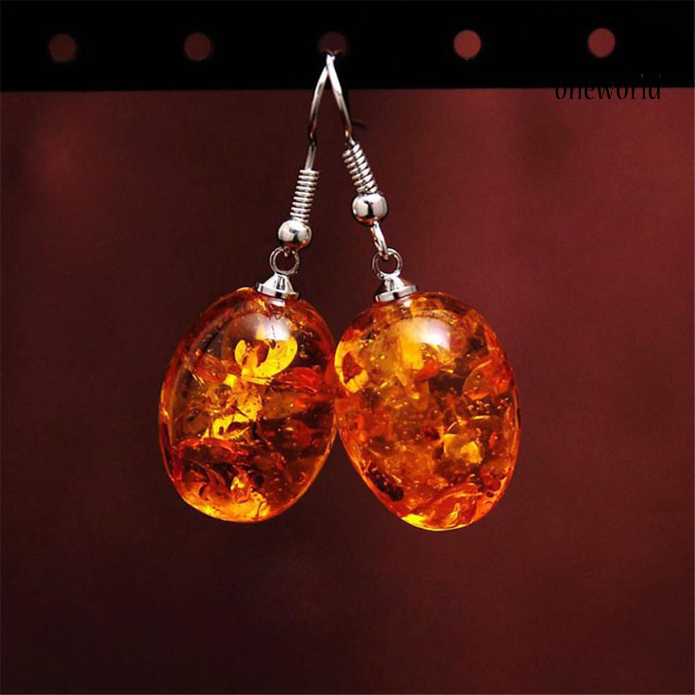 OW@ Vintage Oval Shaped Faux Amber Dangle Hook Earrings Women Piercing Jewelry Gift