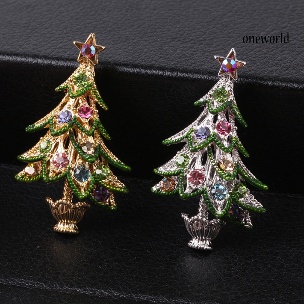 OW@ Vintage Women Rhinestone Inlaid Christmas Tree Brooch Pin Lapel Clip Xmas Gift