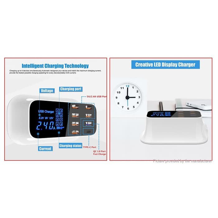 8 Port charger USB Fast Charging Smart Led Display with 1 port usb Type C