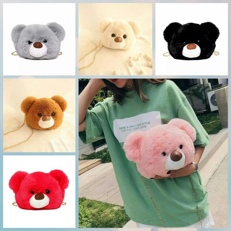 Tas Selempang Bulu Tas Bahu Boneka Kepala Beruang Fluffy Fur Bag Teddy Bear