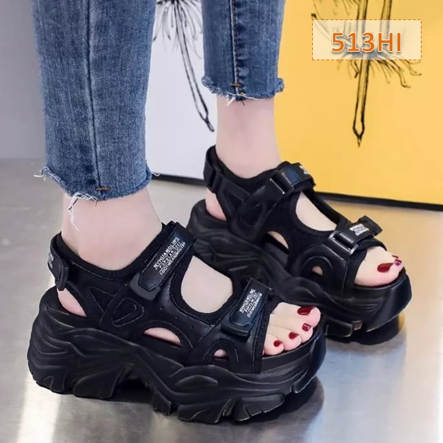 Sandal Gunung Tali Wanita Everest Fahion Kasual Korea Sol Tebal 5 Cm Hitam Putih (513)