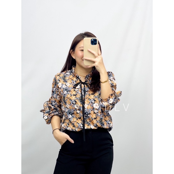 MDLV ~ 6323# Blossom Tie Neck Top Atasan Blouse Flower Baju Korea Fashion import