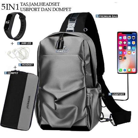 TANMESSO 5IN1 BAYAR DITEMPAT-BONUS JAM LED,DOMPET &amp; USBPORT&amp;HEADSET-tas selempang waterproof