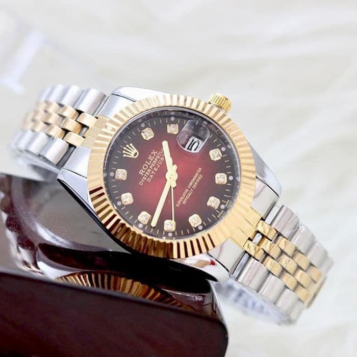 Jam Tangan Rolex Tanggal Aktif Free Box - Silver Kombi Gold Plat Merah