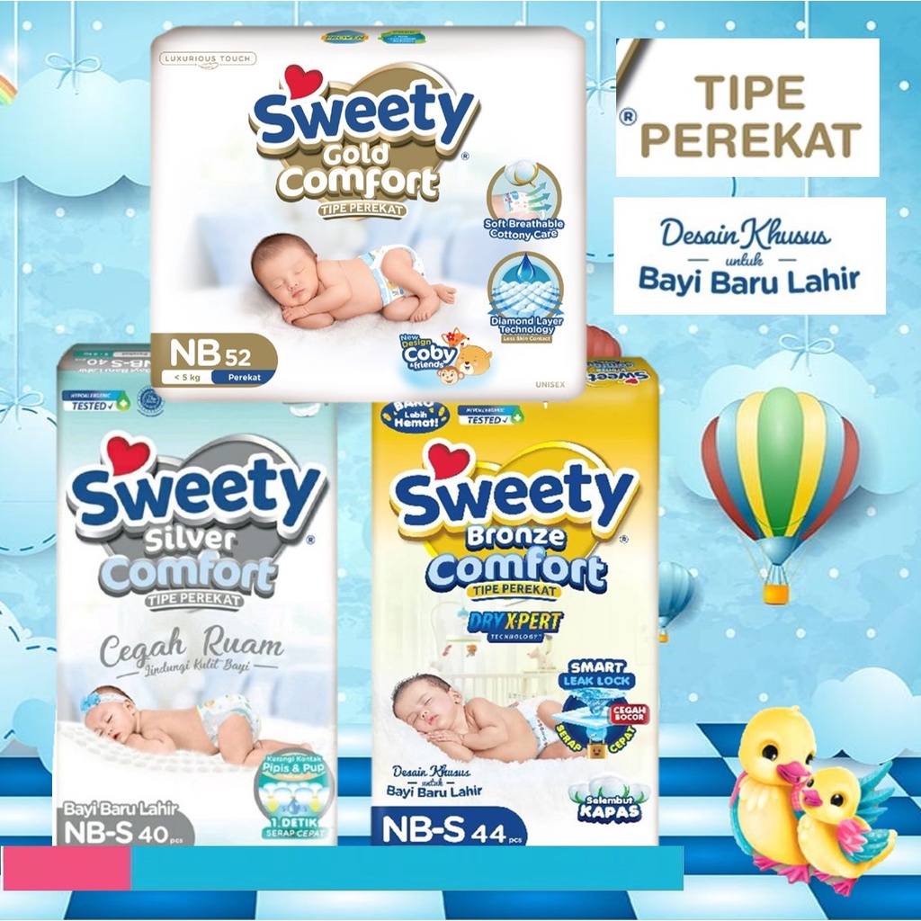 SWEETY newborn new born perekat GOLD SILVER BRONZE dryxpert dry x-pert COMFORT perekat popok bayi baru lahir tape cloud soft baby diapers boys girls unisex NB52 NB 52 NB-52 nbs40 nbs 40 nbs-40 nb-s 40 NBS44 NBS 44 NBS-44 NB-S44 nb-s 44 nb40