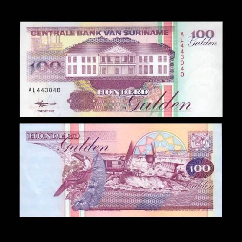 UANG SURINAME 100 GULDEN 1998 UNC GRESS ORIGINAL