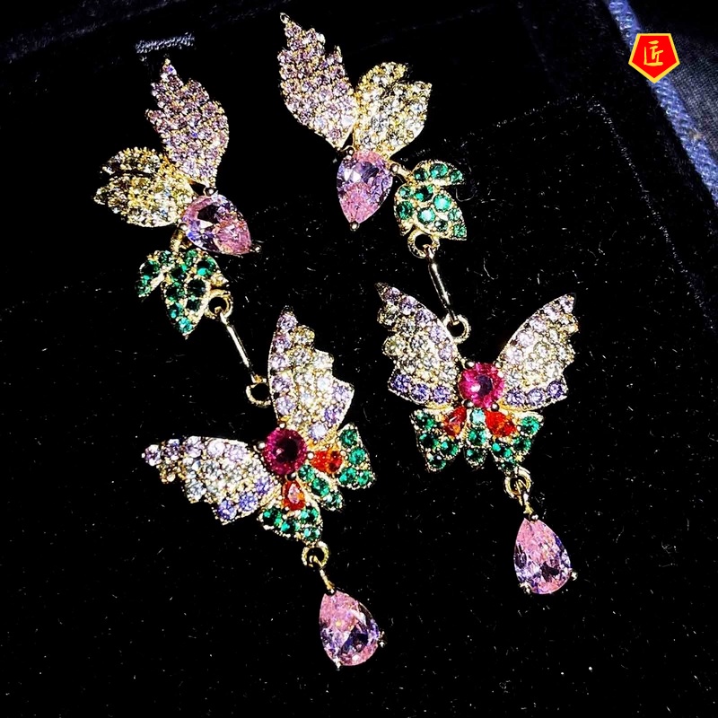 [Ready Stock]Luxury Fairy Butterfly Colored Gemstone Stud Earrings