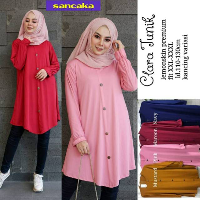 Clara Tunik, TUNIK WANITA MUSLIM POLOS FIT XL-XXXL BAHAN LEMON SKIN PREMIUM TERMURAH CANTIK OOTD