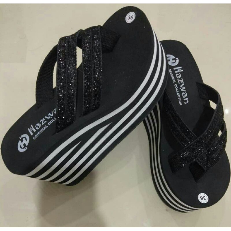 Sandal  wanita hazwan palang dua jepit glitter hitam putih