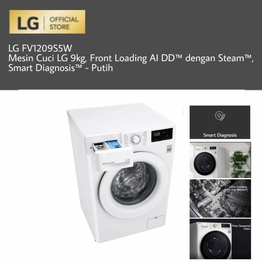 Front Loading LG 9KG FV 1209S5W / Mesin Cuci LG FV1209S5W / LG FV 1209