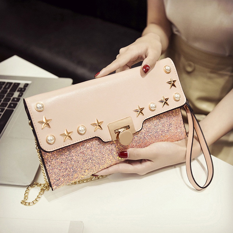 BJ81869 - BLACK/GRAY/PINK - TAS PESTA CLUTCH SLEMPANG TALI RANTAI DOMPET WANITA FASHION IMPORT MODIS ELEGAN TERMURAH TERLARIS TERBARU BAGSTORE JAKARTA TAS BATAM GT1869