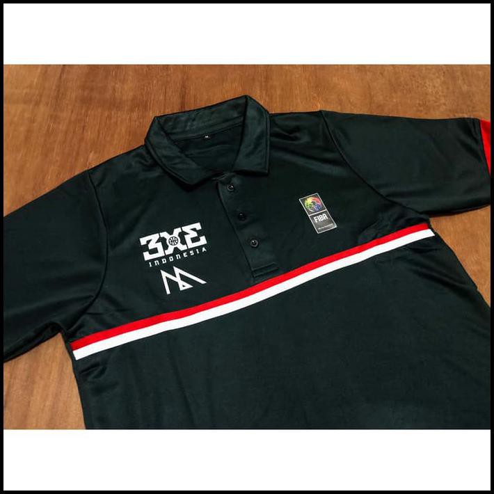 Baju Basket Polo Shirt 3X3 Indonesia Hitam Merah Hitam Xl