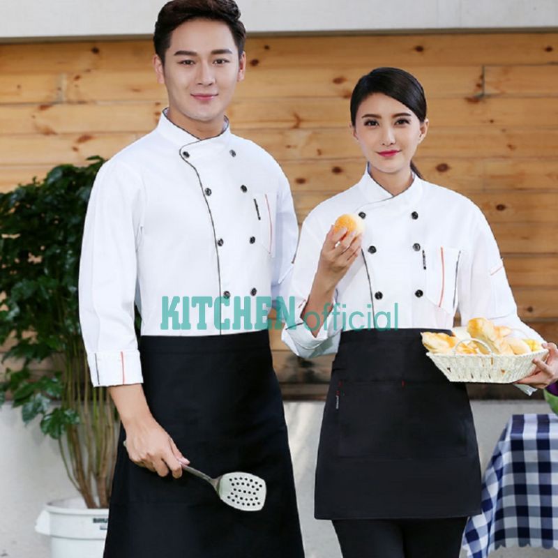 KITCHEN.Official Baju Kameja Koki Chaf Seragam Masak Jacket Lengan Panjang Unisex Pria Wanita