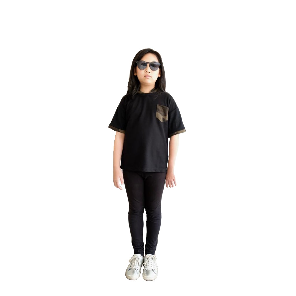KAOS HOODIE ANAK KATUN AKSEN ARMY LORENG TRENDY - HITAM