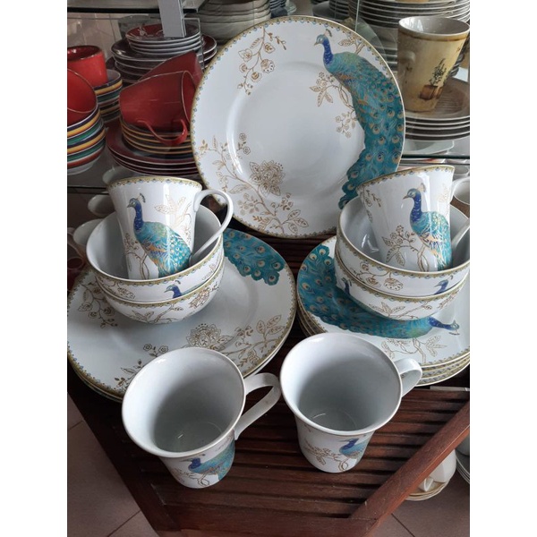 [DINNER SET ISI 16] PEACOCK DINNER SALAD PLATE MUG BOWL PIRING MANGKUK GELAS KERAMIK SANGO MERAK