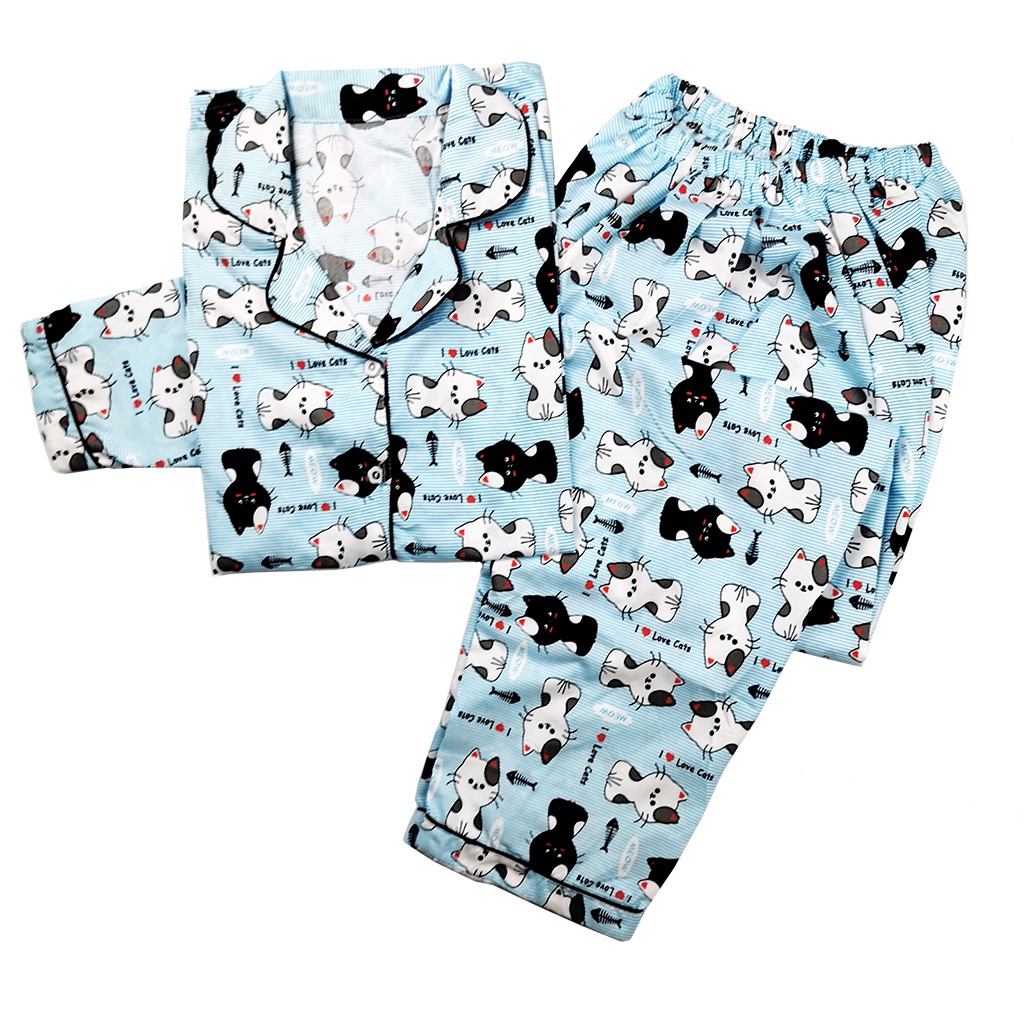 Stelan Baju Tidur Piyama Dewasa Lengan Panjang All Size Motif Lumina-PPL CAT STRIP BLUE