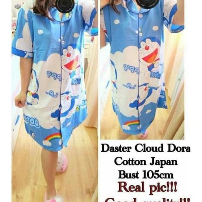 Clarensiastore Piyama Daster Wanita Dewasa Doraemon Blue Sky Saku Baju - Biru Muda