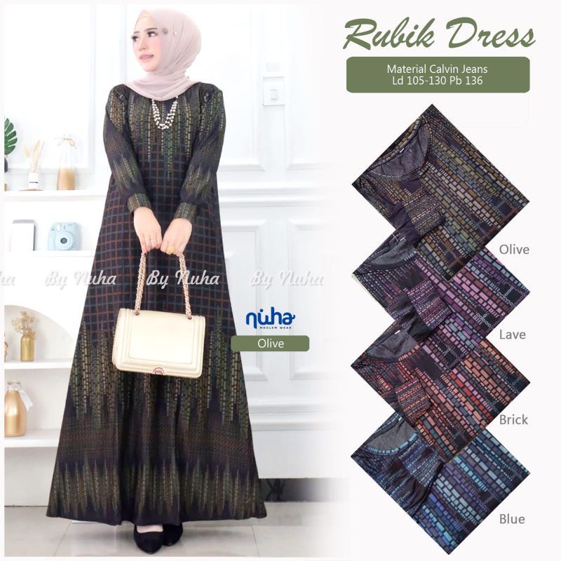 BAJU GAMIS JUMBO TERBARU RUBIK DRESS BY NUHA CALVIN JEANS PREMIUM HQ LD 110 MELAR SAMPAI 130 PB 137 