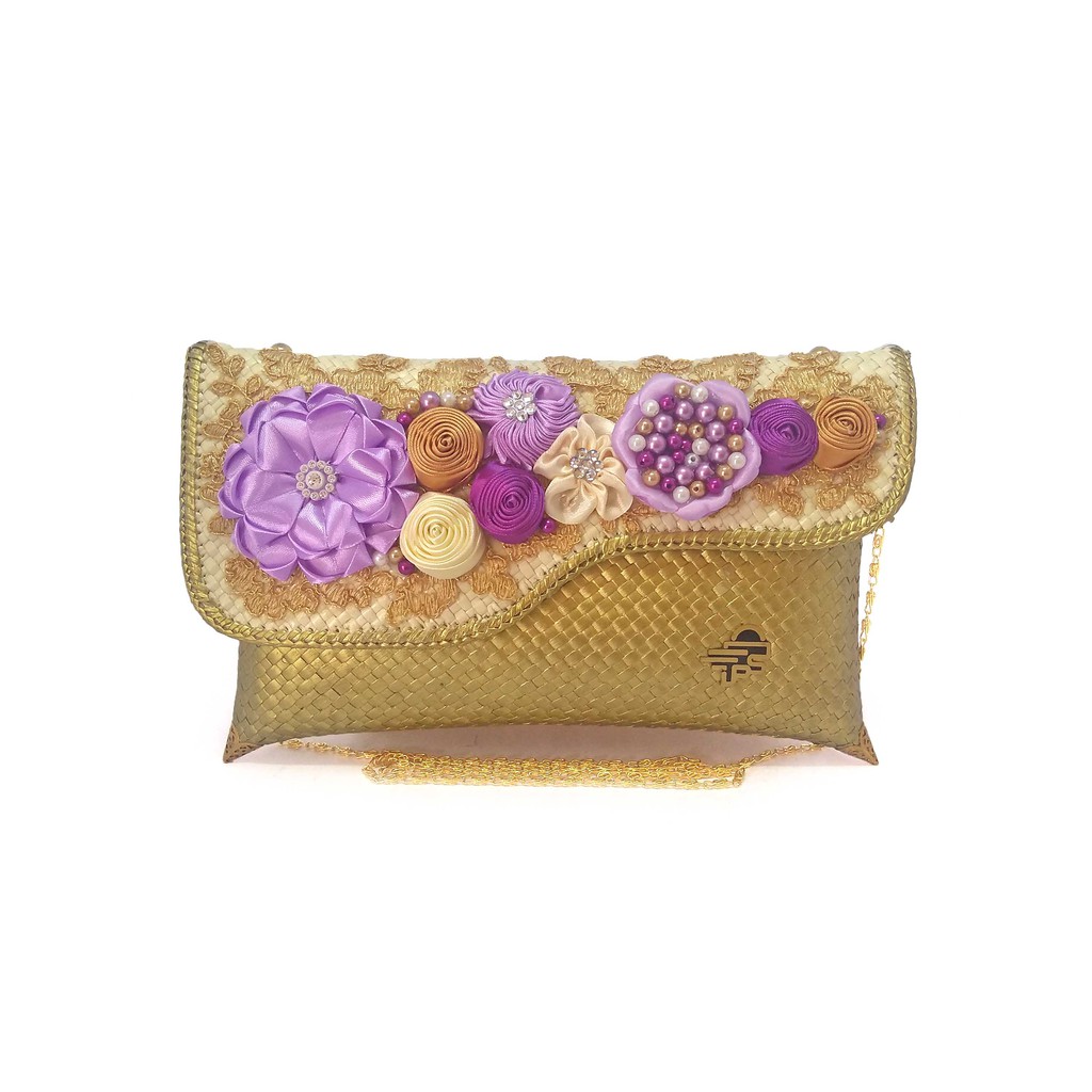 Putra Sukapura Clutch Pesta Cantik Party Clutch Anyaman Gold Purple Dompet Wanita