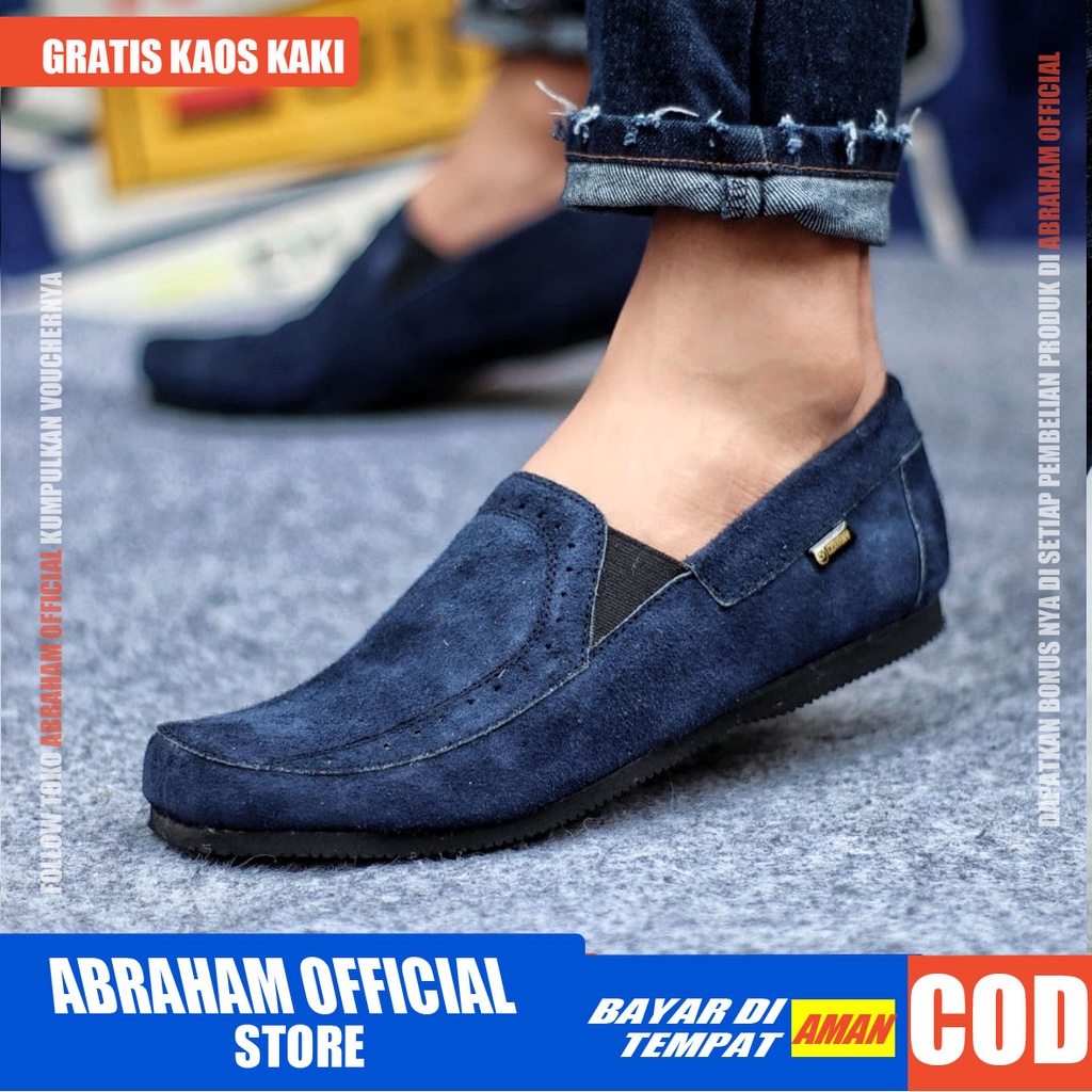 ABRAHAM Sepatu Casual Slip On Kulit Asli Hitam Kerja Slop Pria