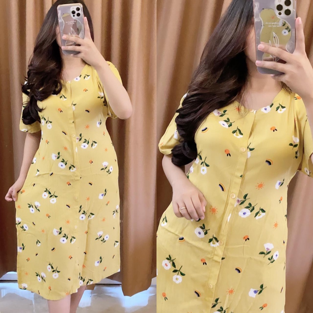 MIDI DRESS RAYON KANCING DEPAN  BUSUI ELEGANT BAJU HANG OUT RAYON PREMIUM TEBAL