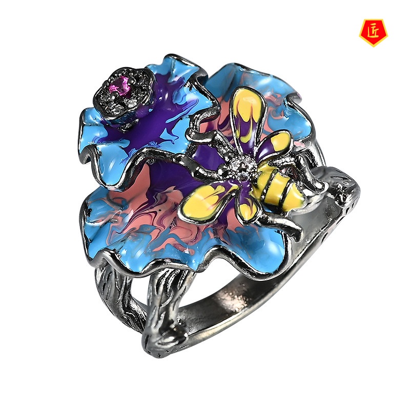 [Ready Stock]Black Gold Diamond Bee Enamel Ring Exquisite Fashion